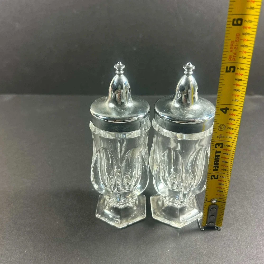 Vintage Fostoria Crystal Revere Footed Metal Lid Salt and Pepper Shaker Set